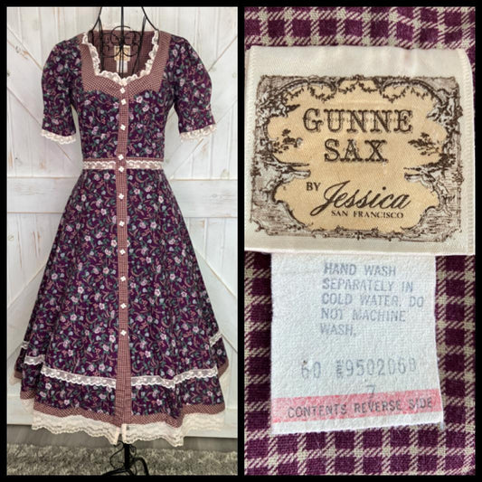 70's Vintage Gunne Sax Purple White Green Calico Prairie Midi Dress 7