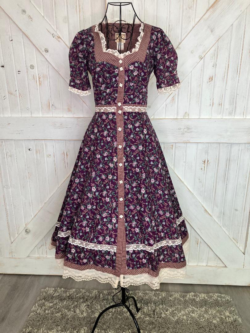 70's Vintage Gunne Sax Purple White Green Calico Prairie Midi Dress 7
