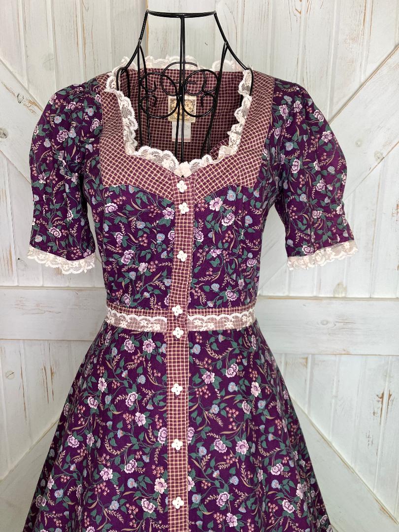 70's Vintage Gunne Sax Purple White Green Calico Prairie Midi Dress 7