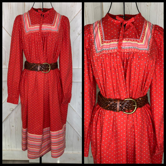 70's Vintage Brimell London Red Green Yellow Blue Calico Stripe Prairie Tent Midi Dress