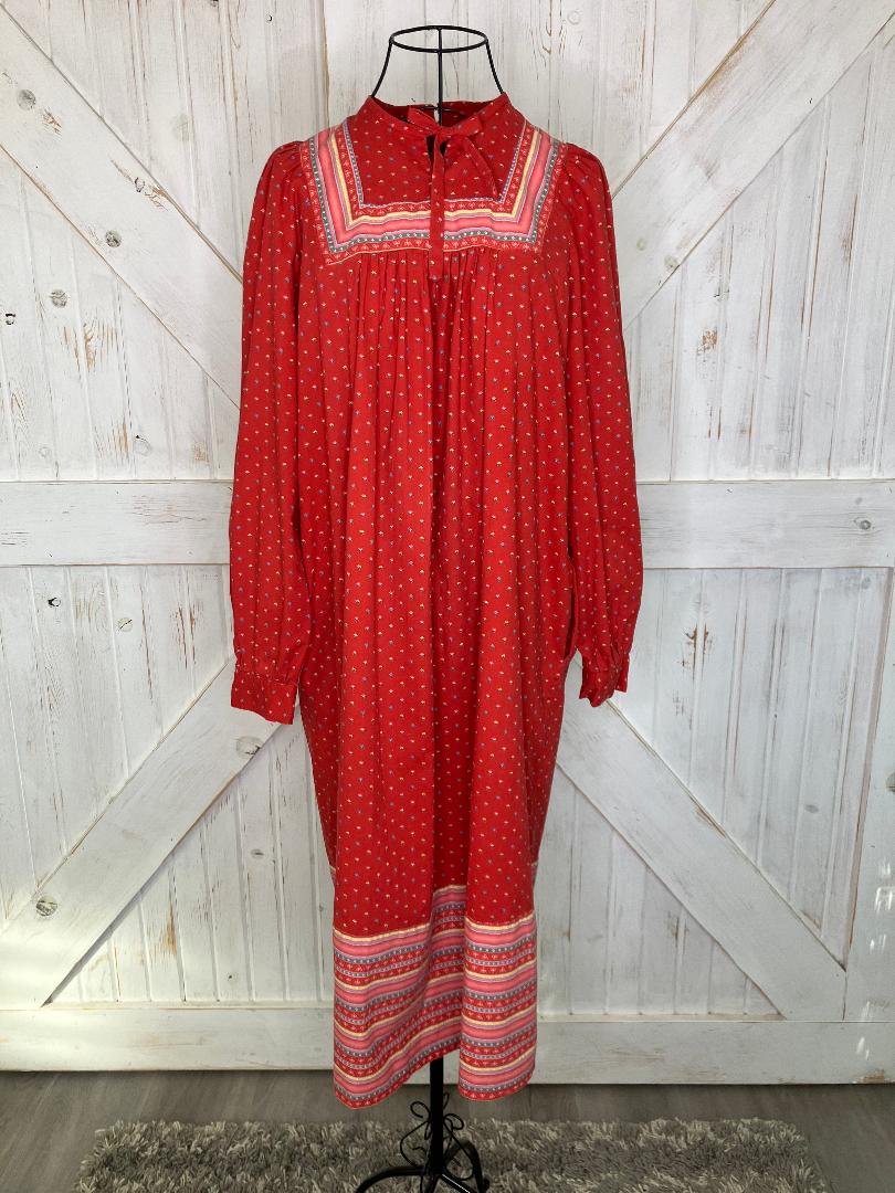70's Vintage Brimell London Red Green Yellow Blue Calico Stripe Prairie Tent Midi Dress