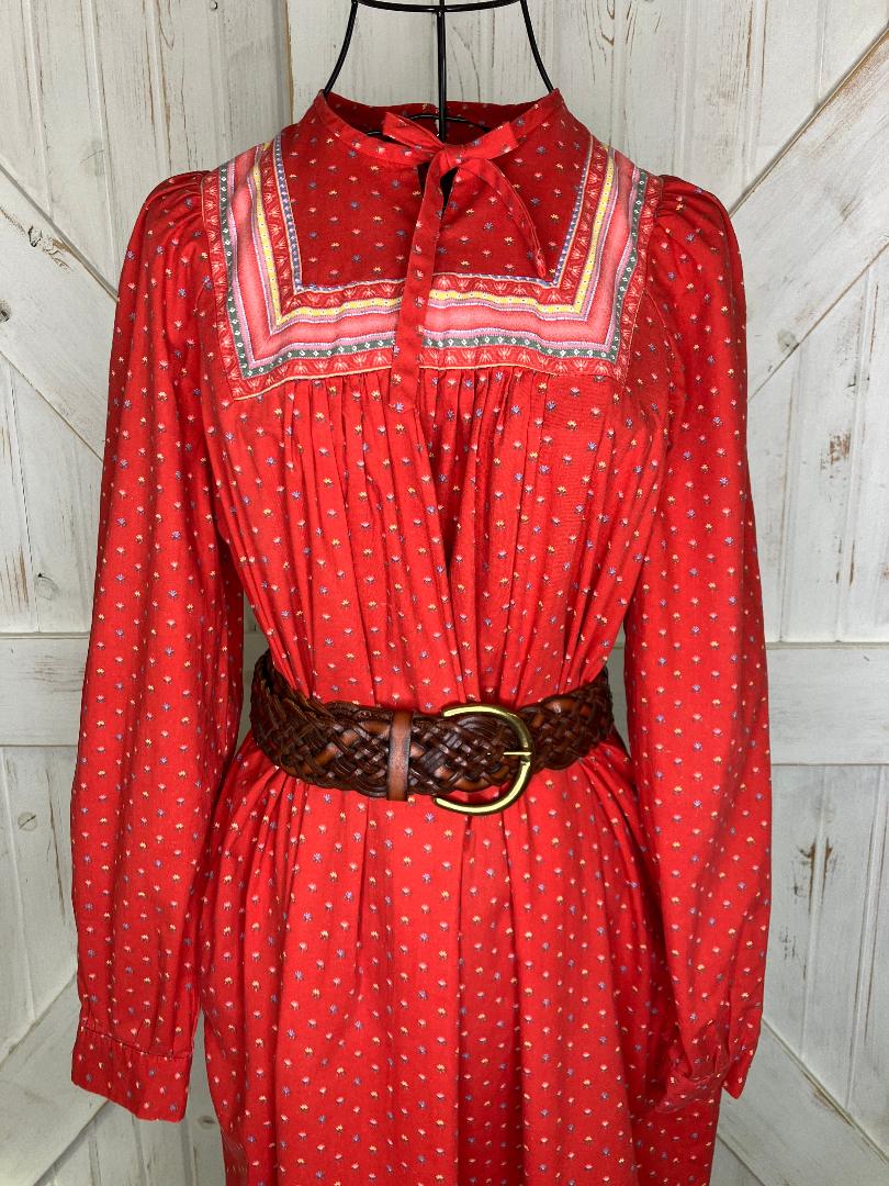 70's Vintage Brimell London Red Green Yellow Blue Calico Stripe Prairie Tent Midi Dress