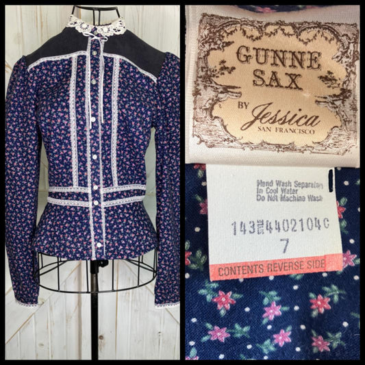 70's Vintage Gunne Sax Blue Red Green Calico White Lace Polka Dot Corduroy Prairie Blouse Top 7