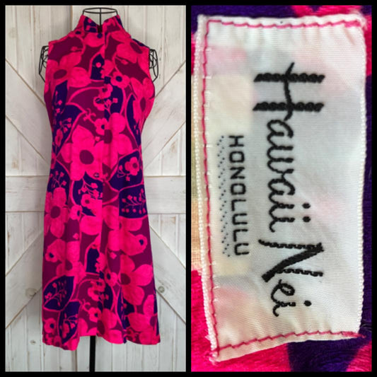 60's Vintage Hawaii Nei Honolulu Pink Purple Hawaiian Gogo Psychedelic Sundress Mini Dress
