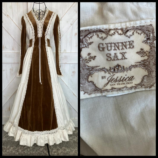 70's Vintage Gunne Sax Brown Velvet Ivory Renaissance Festival Queen Corset Prairie Maxi Dress 13