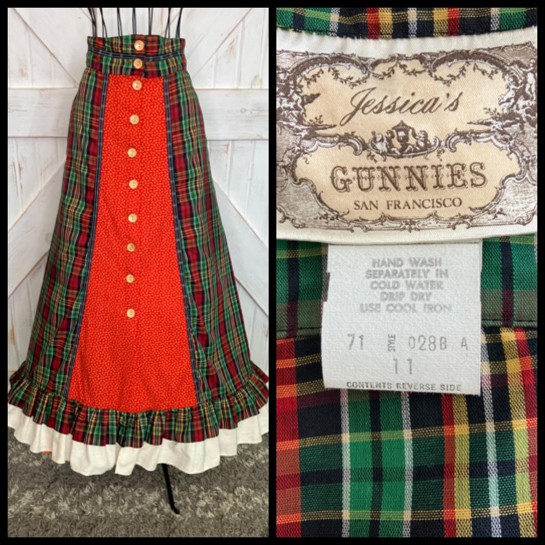 70's Vintage Gunne Sax Jessica's Gunnies Red Green Yellow Plaid Calico Prairie Maxi Skirt 11