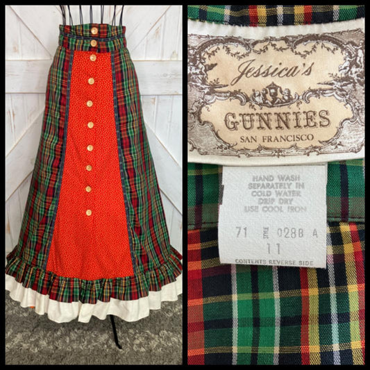 70's Vintage Gunne Sax Jessica's Gunnies Red Green Yellow Plaid Calico Prairie Maxi Skirt 11