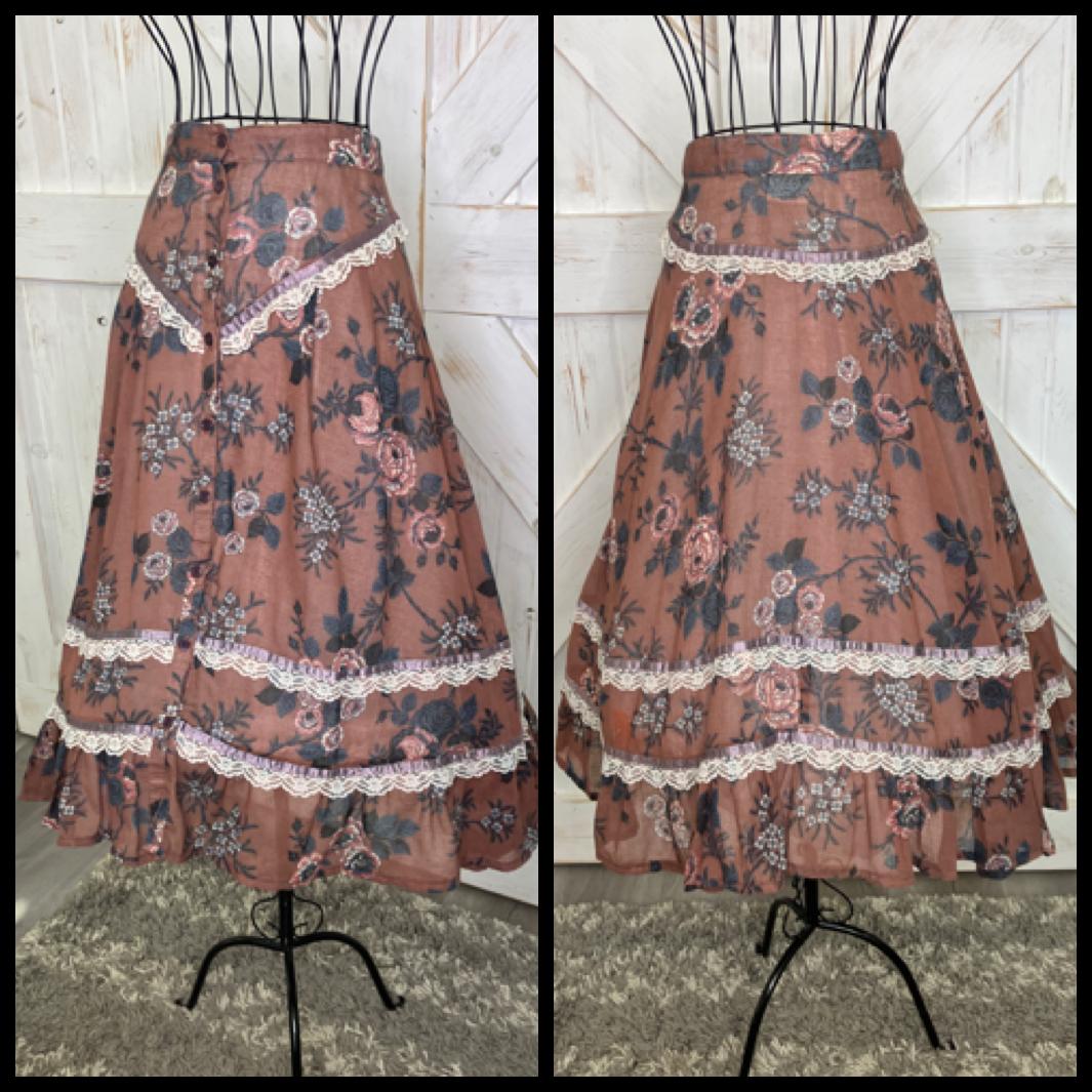70's Vintage Gunne Sax Jessica's Gunnies Brown Orange Blue Calico Roses Midi Skirt