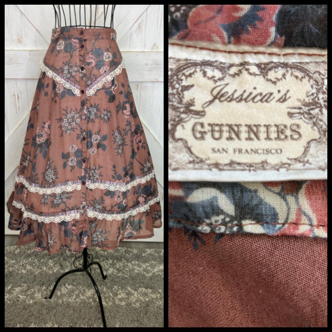 70's Vintage Gunne Sax Jessica's Gunnies Brown Orange Blue Calico Roses Midi Skirt
