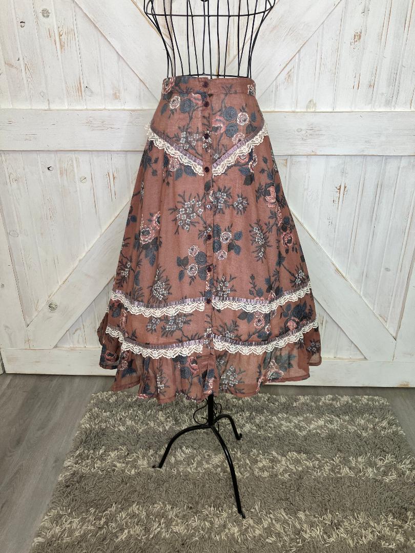 70's Vintage Gunne Sax Jessica's Gunnies Brown Orange Blue Calico Roses Midi Skirt