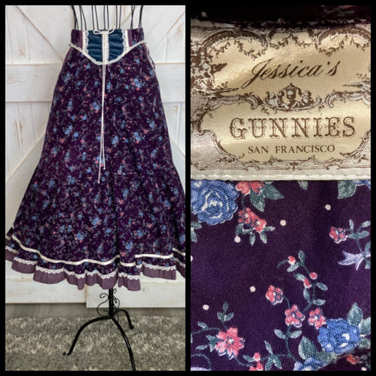 70's Vintage Gunne Sax Jessica's Gunnies Purple Rose Calico White Polka Dot Blue Velvet Midi Prairie Corset Skirt