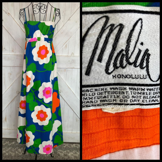 70's Vintage Malia Honolulu Blue Neon Pink Green Orange Hawaiian Hostess Maxi Sundress Dress