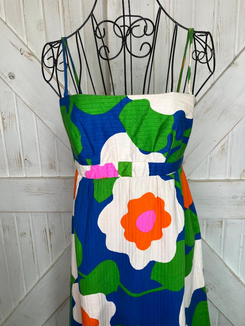70's Vintage Malia Honolulu Blue Neon Pink Green Orange Hawaiian Hostess Maxi Sundress Dress