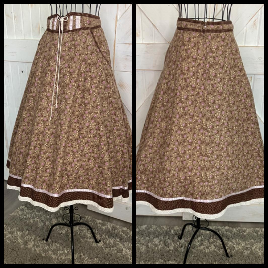 70's Vintage Gunne Sax Jessica's Gunnies Brown Purple Calico White Polka Dot Prairie Midi Skirt 13