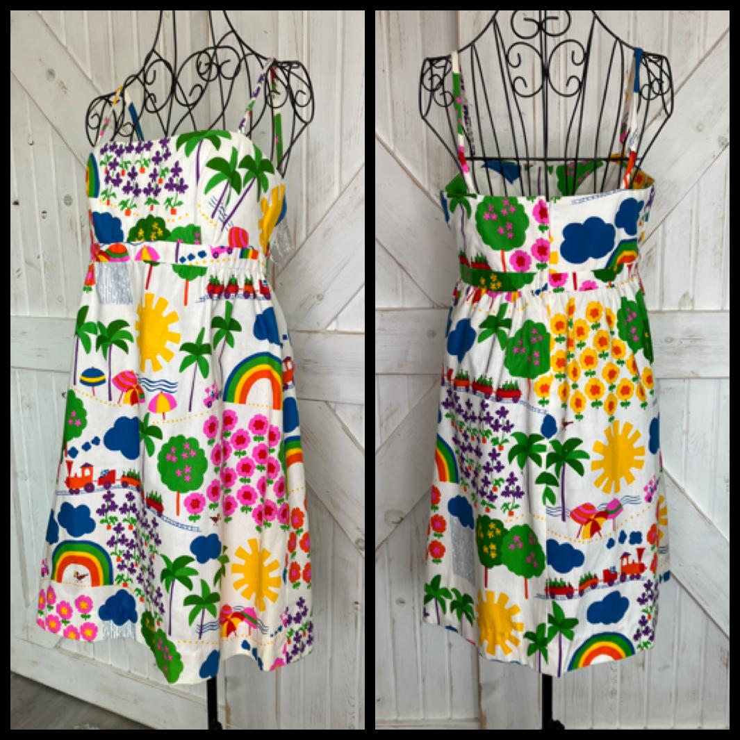 70's Vintage Malia Honolulu Rainbow Train Beach Sun Palm Tree Novelty Print Hawaiian Mini Sundress Dress