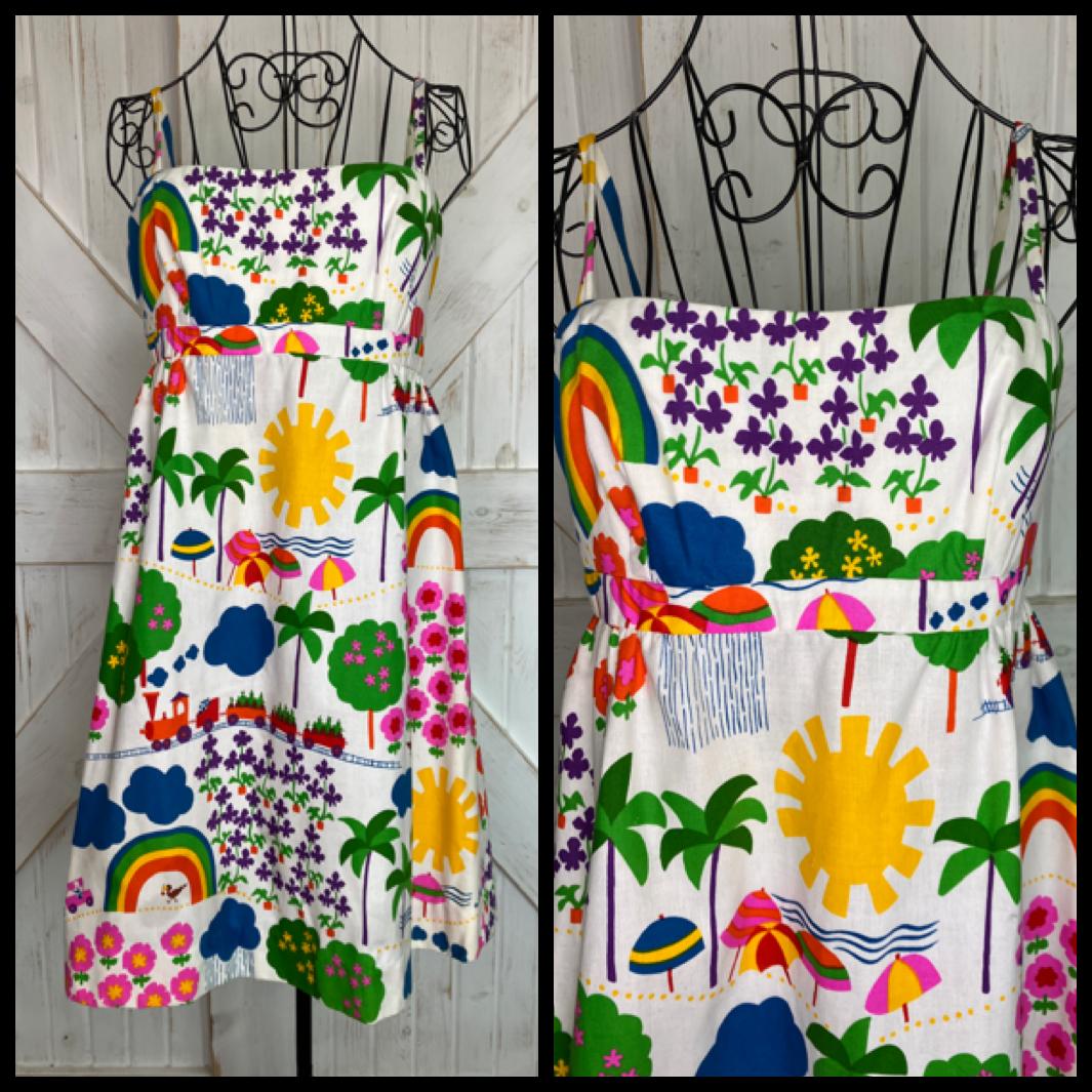 70's Vintage Malia Honolulu Rainbow Train Beach Sun Palm Tree Novelty Print Hawaiian Mini Sundress Dress
