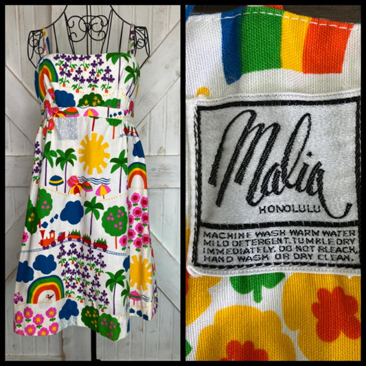 70's Vintage Malia Honolulu Rainbow Train Beach Sun Palm Tree Novelty Print Hawaiian Mini Sundress Dress