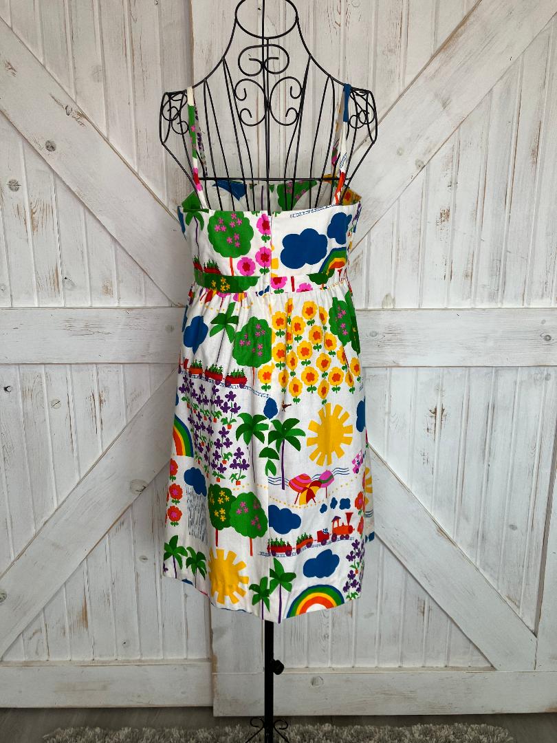 70's Vintage Malia Honolulu Rainbow Train Beach Sun Palm Tree Novelty Print Hawaiian Mini Sundress Dress