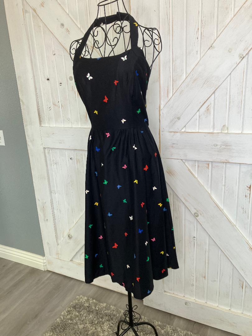 70's Vintage Malia Honolulu Black Rainbow Butterflies Hawaiian Halter Sundress Midi Dress