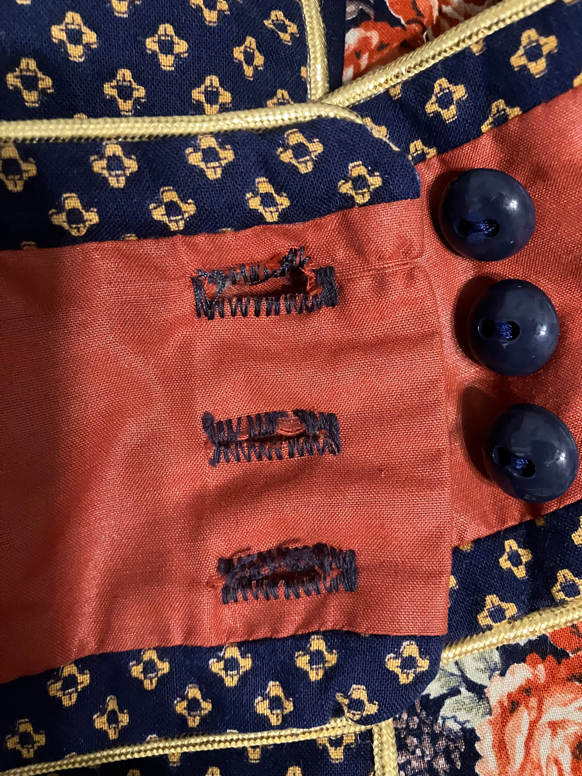 70's Vintage Gunne Sax Blue Red White Cabbage Rose Mandarin Prairie Boho Midi Dress 11