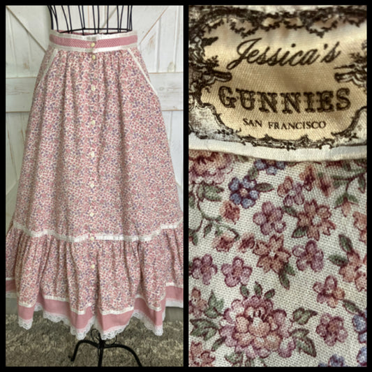 70's Vintage Gunne Sax Jessica's Gunnies Pink Calico Prairie Midi Skirt