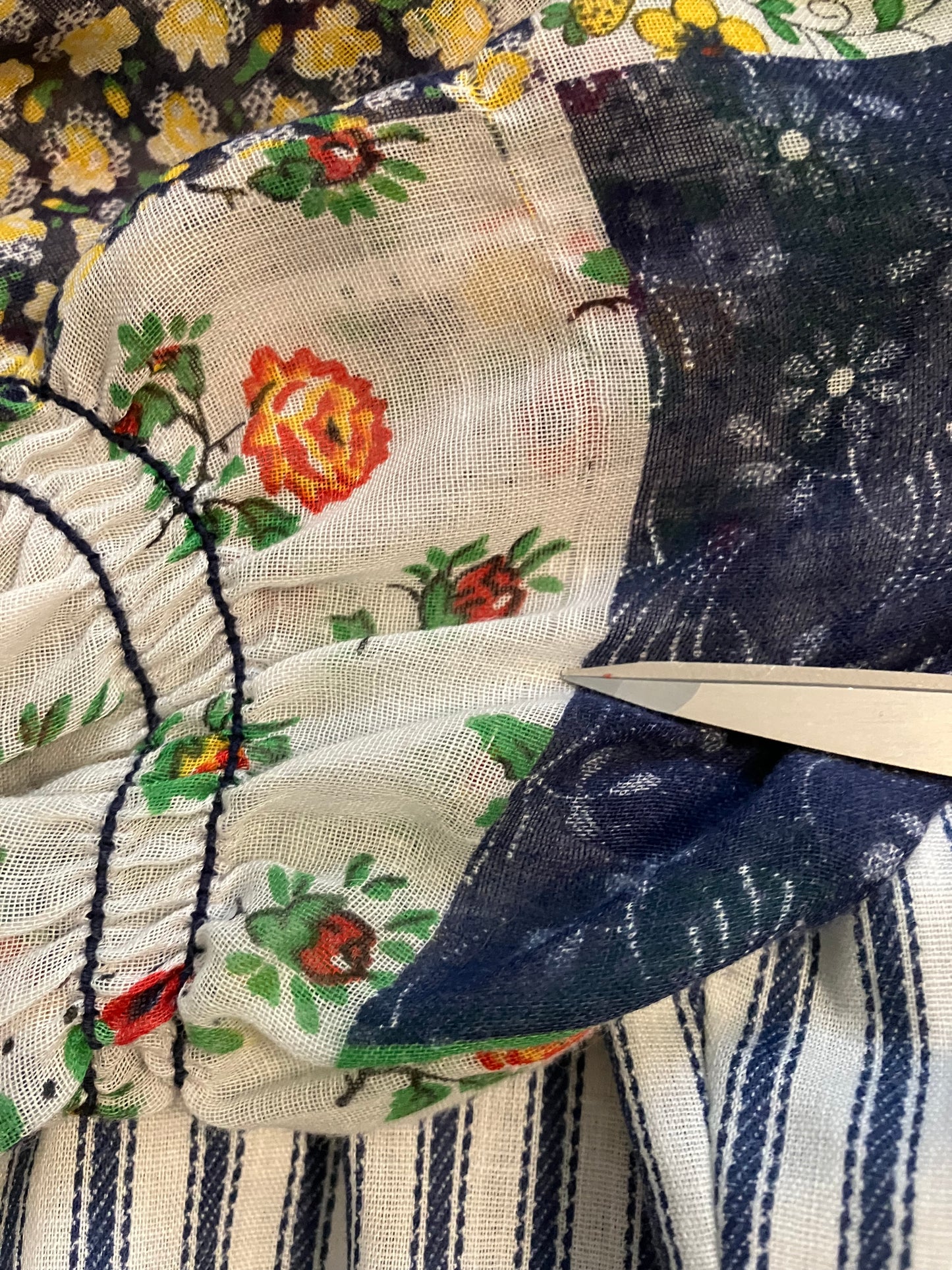 70's Vintage Terri Petites California Blue White Stripe Rainbow Patchwork Prairie Maxi Dress