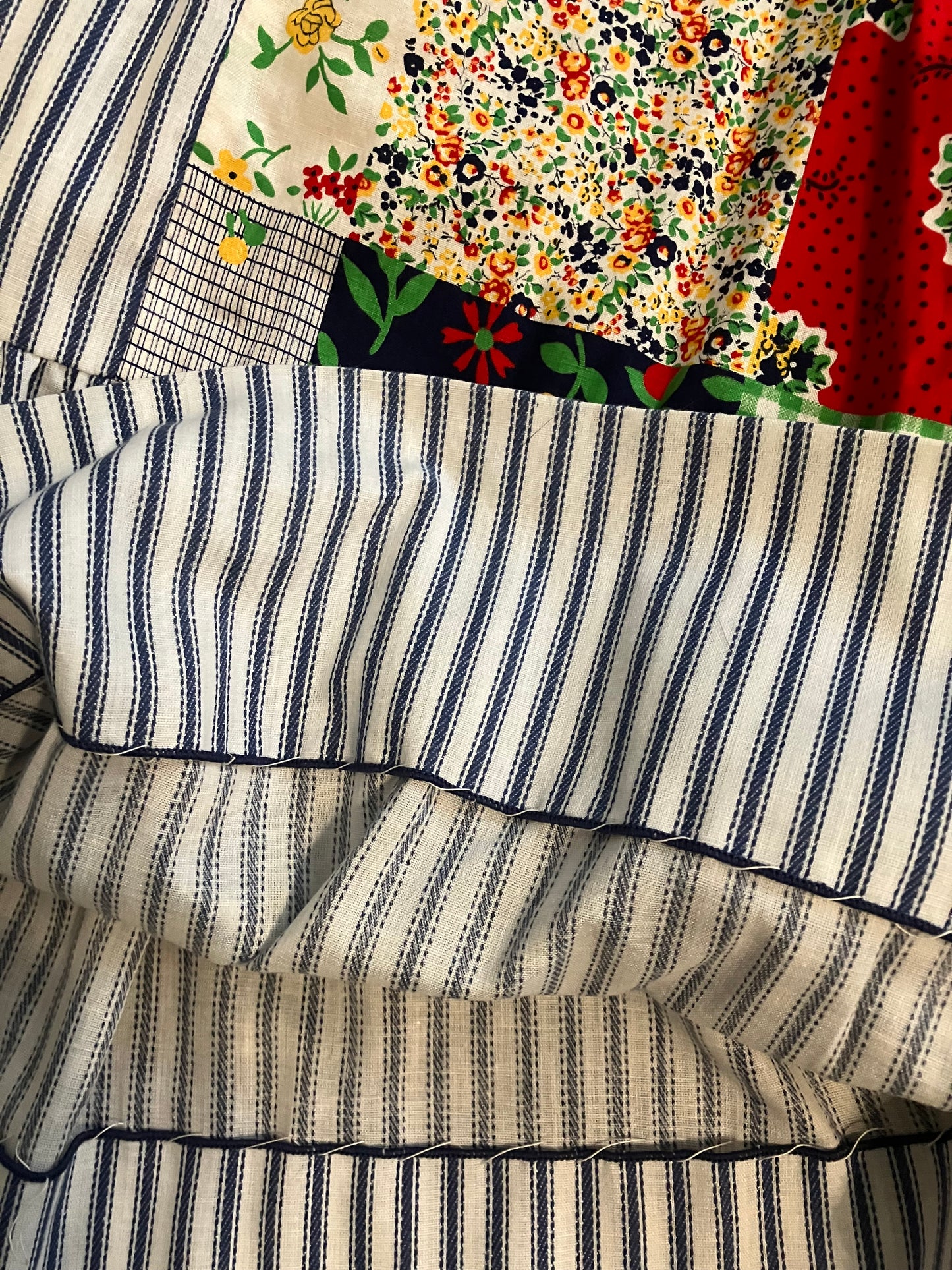 70's Vintage Terri Petites California Blue White Stripe Rainbow Patchwork Prairie Maxi Dress