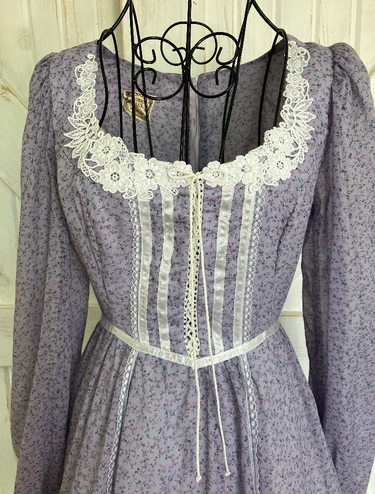 70's Vintage Gunne Sax Purple Lavendar Pink White Blue Corset Calico Prairie Midi Dress