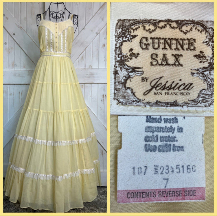 70's Vintage Gunne Sax Sunshine Yellow White Sundress Prairie Tea Garden Maxi Dress 7