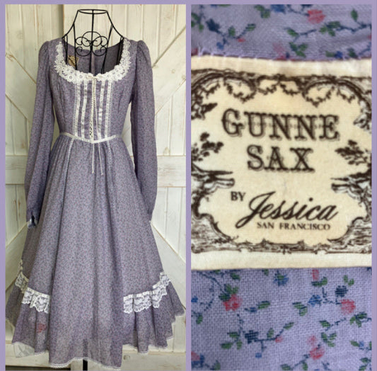 70's Vintage Gunne Sax Purple Lavendar Pink White Blue Corset Calico Prairie Midi Dress