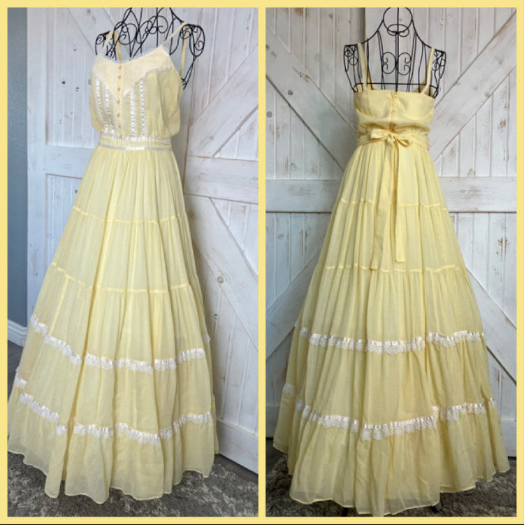 70's Vintage Gunne Sax Sunshine Yellow White Sundress Prairie Tea Garden Maxi Dress 7