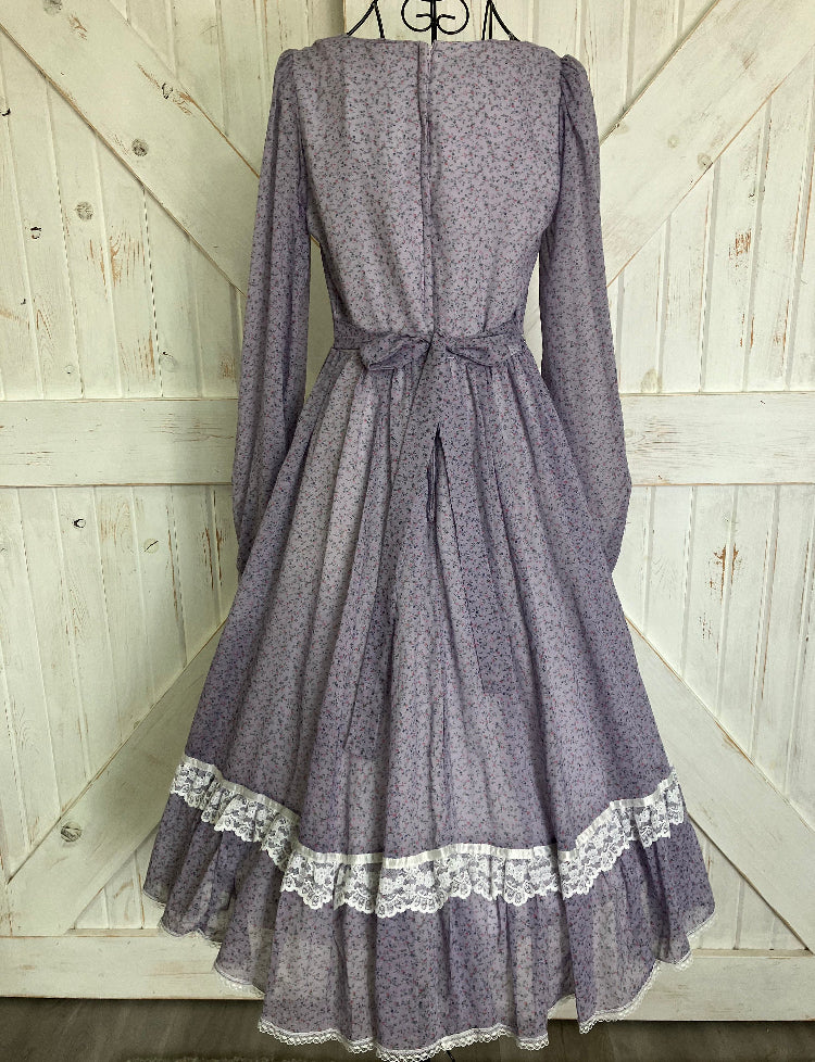 70's Vintage Gunne Sax Purple Lavendar Pink White Blue Corset Calico Prairie Midi Dress