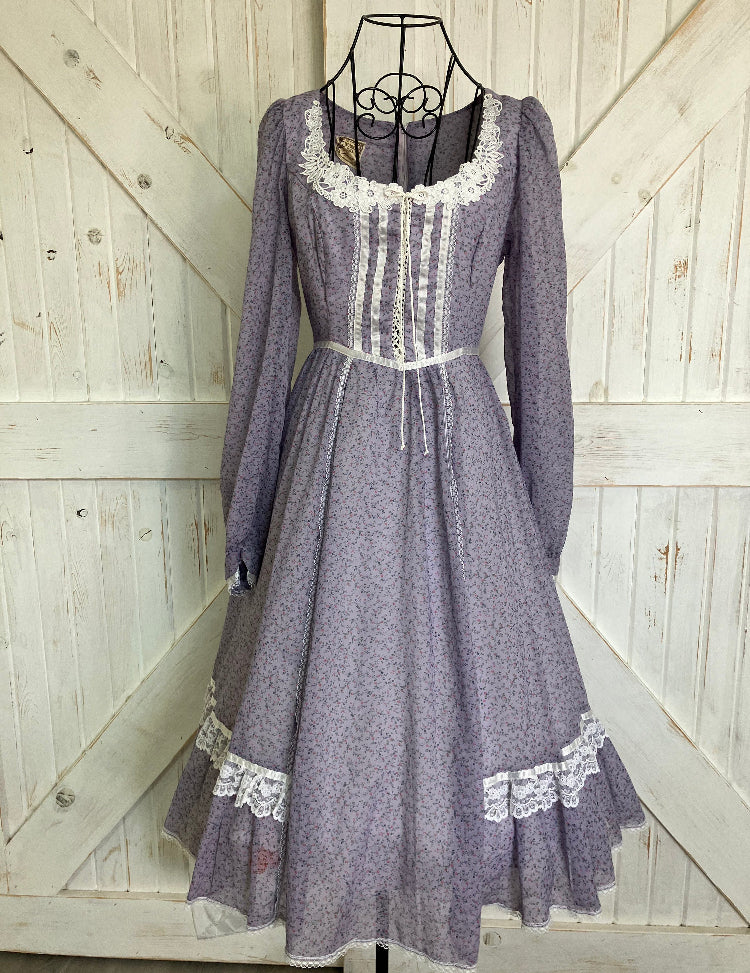 70's Vintage Gunne Sax Purple Lavendar Pink White Blue Corset Calico Prairie Midi Dress