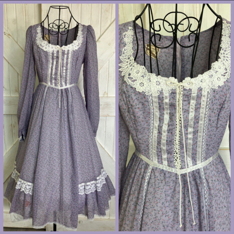 70's Vintage Gunne Sax Purple Lavendar Pink White Blue Corset Calico Prairie Midi Dress