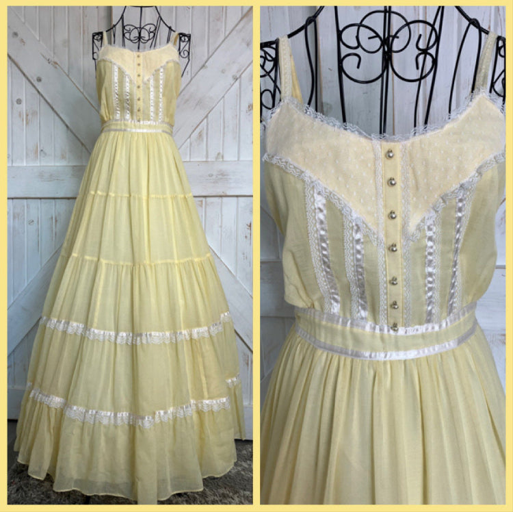 70's Vintage Gunne Sax Sunshine Yellow White Sundress Prairie Tea Garden Maxi Dress 7