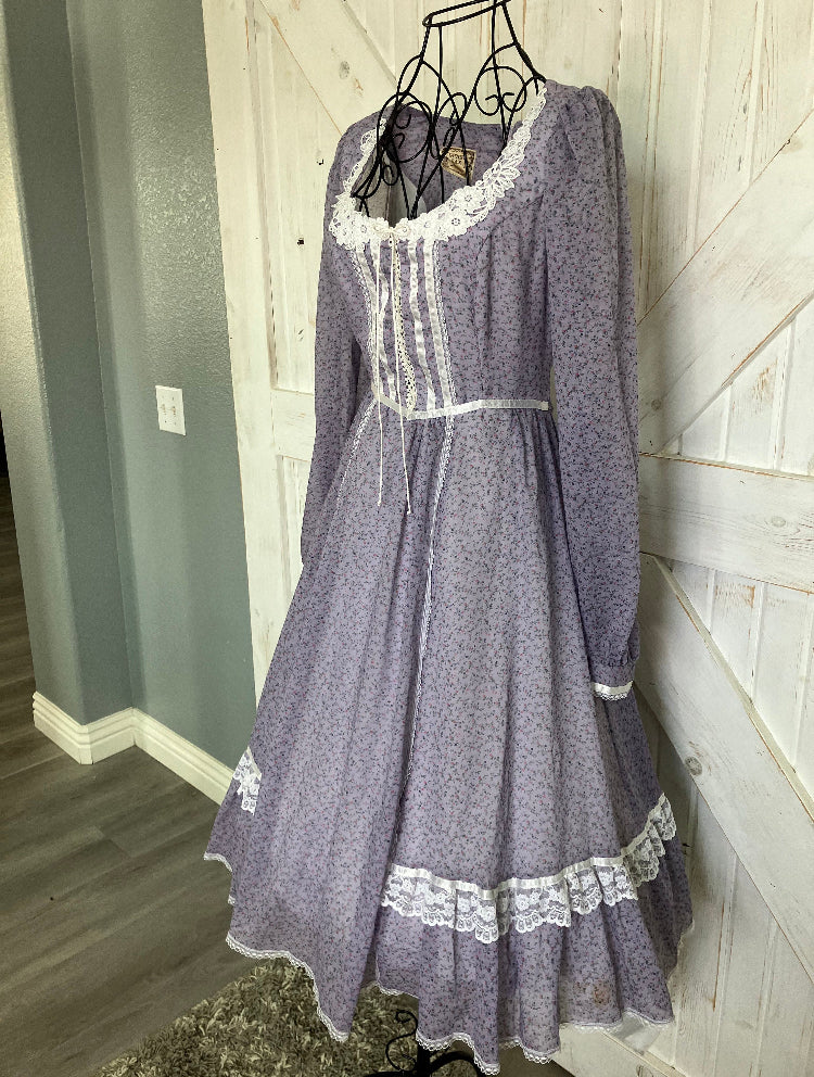 70's Vintage Gunne Sax Purple Lavendar Pink White Blue Corset Calico Prairie Midi Dress