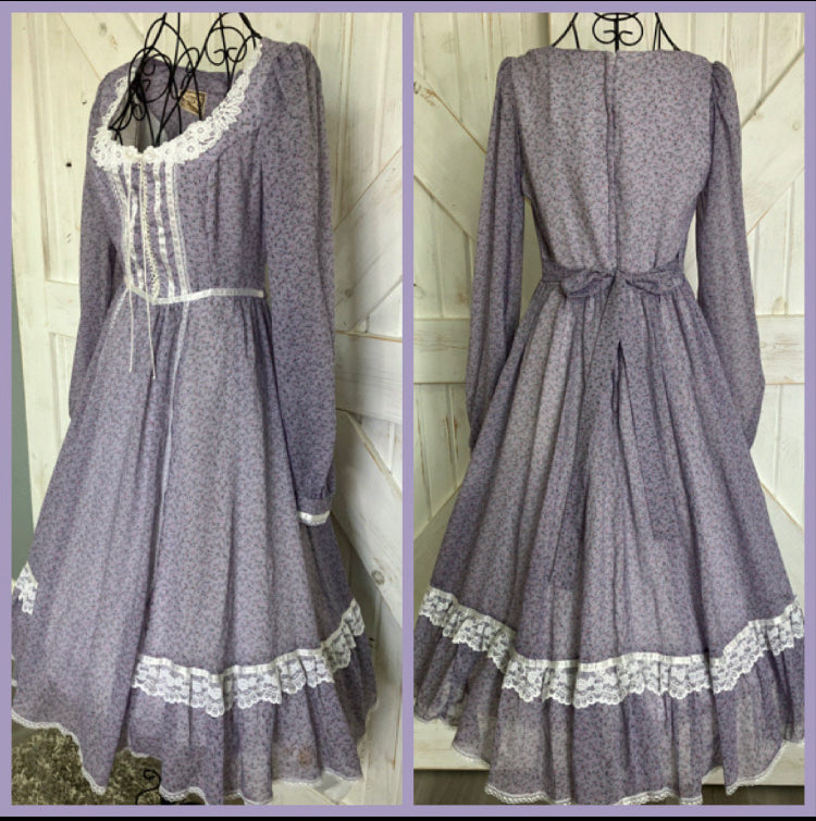 70's Vintage Gunne Sax Purple Lavendar Pink White Blue Corset Calico Prairie Midi Dress