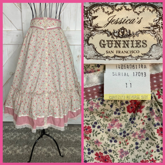 70's Vintage Gunne Sax Jessica's Gunnies Pink White Calico Polka Dot Prairie Midi Skirt 11