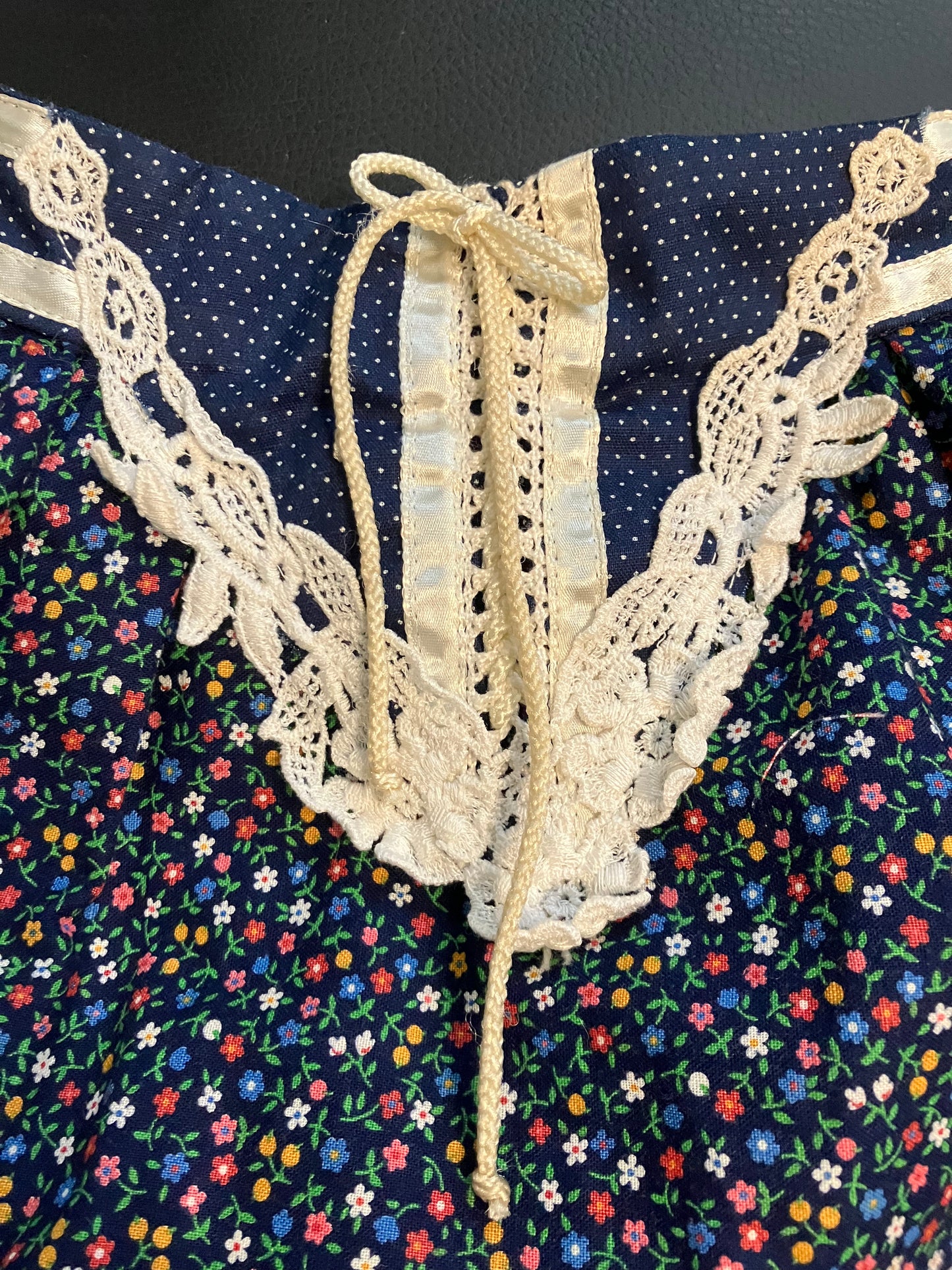 70's Vintage Gunne Sax Jessica's Gunnies Blue White Rainbow Calico Polka Dot Corset Prairie Midi Skirt 9 *FLAW