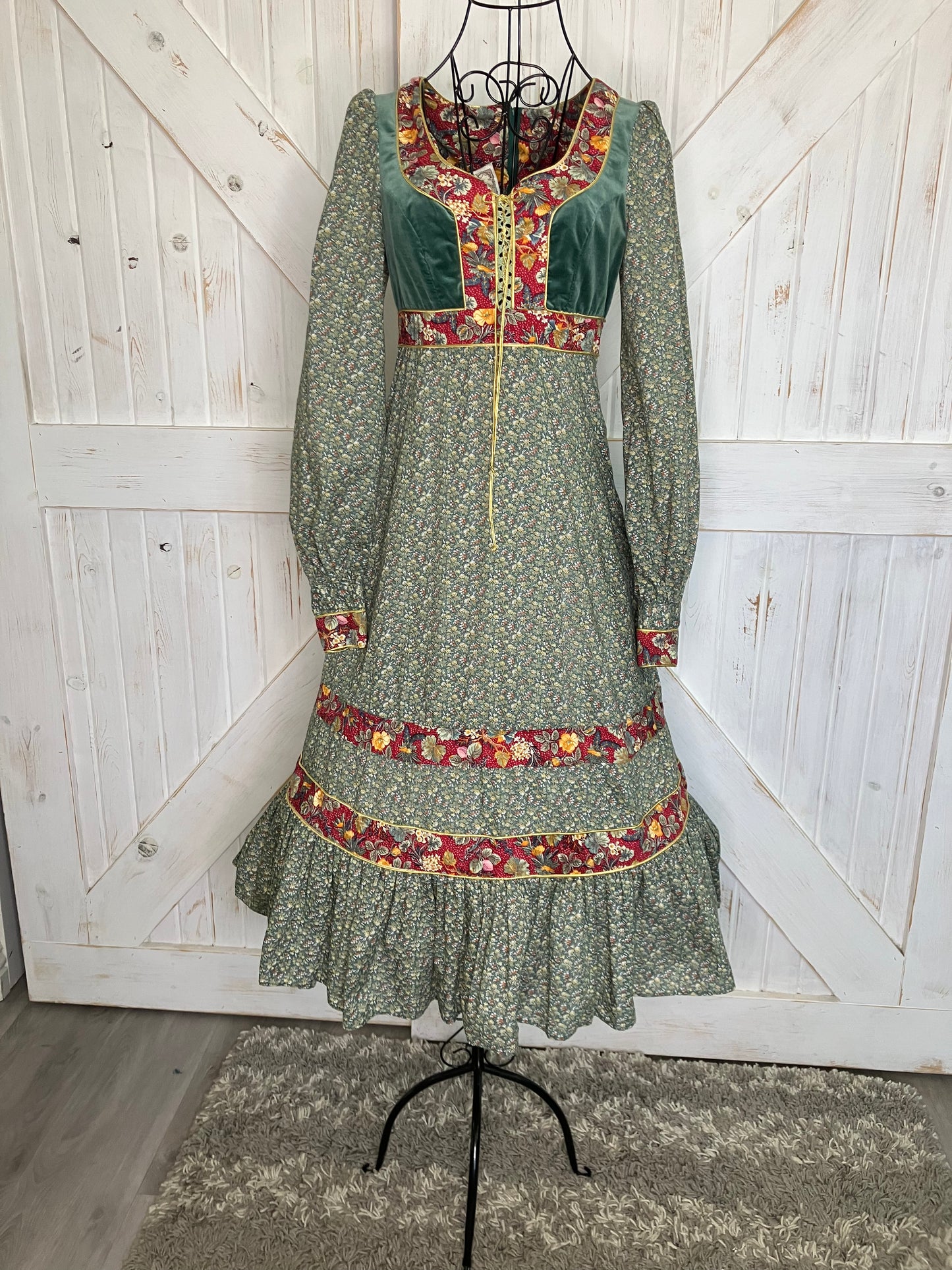 70's Vintage Gunne Sax RARE Green Velvet Corset Red Gold Plum Prairie Midi Dress 9