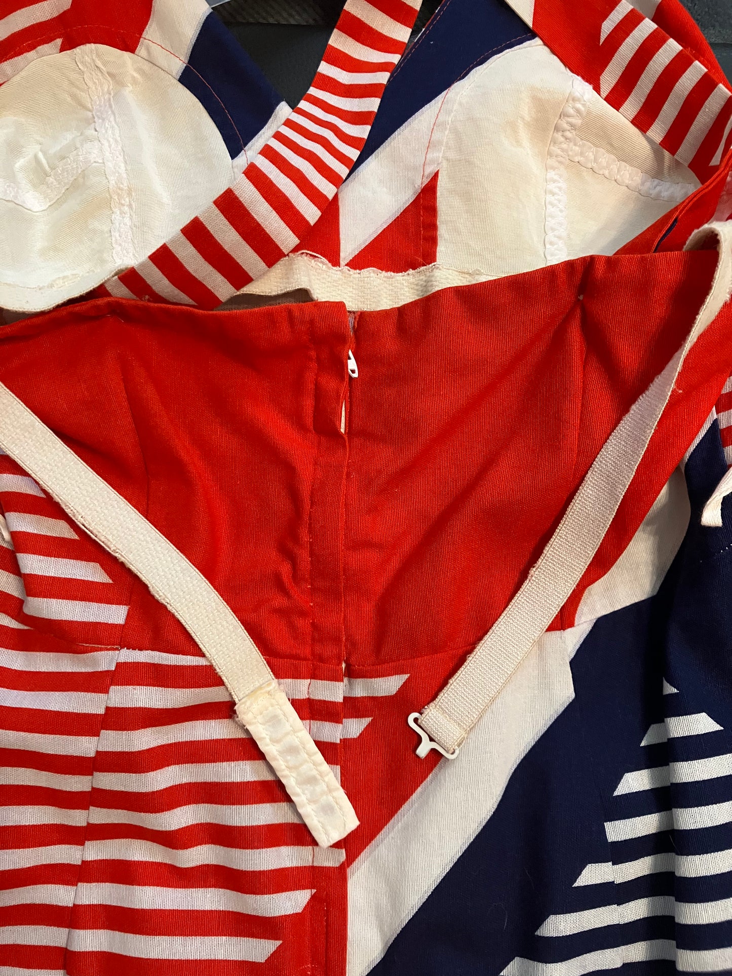 70's Vintage Malia Honolulu Red White Blue Stripe Nautical Halter Hawaiian Mini Midi Sundress Dress
