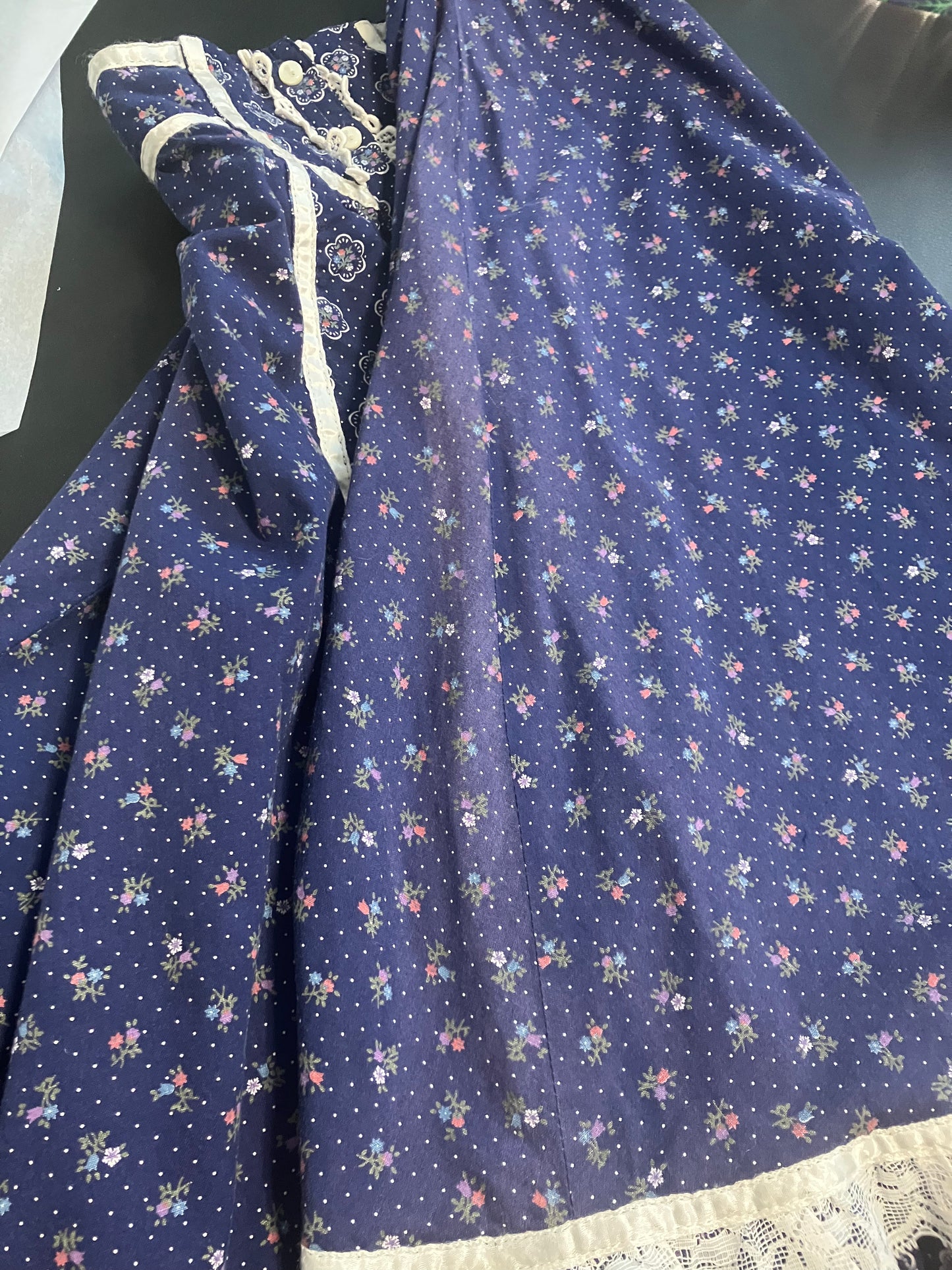 70's Vintage Gunne Sax Jessica's Gunnies Blue White Polka Dot Calico Prairie Midi Skirt 9 *WOUNDED BIRD