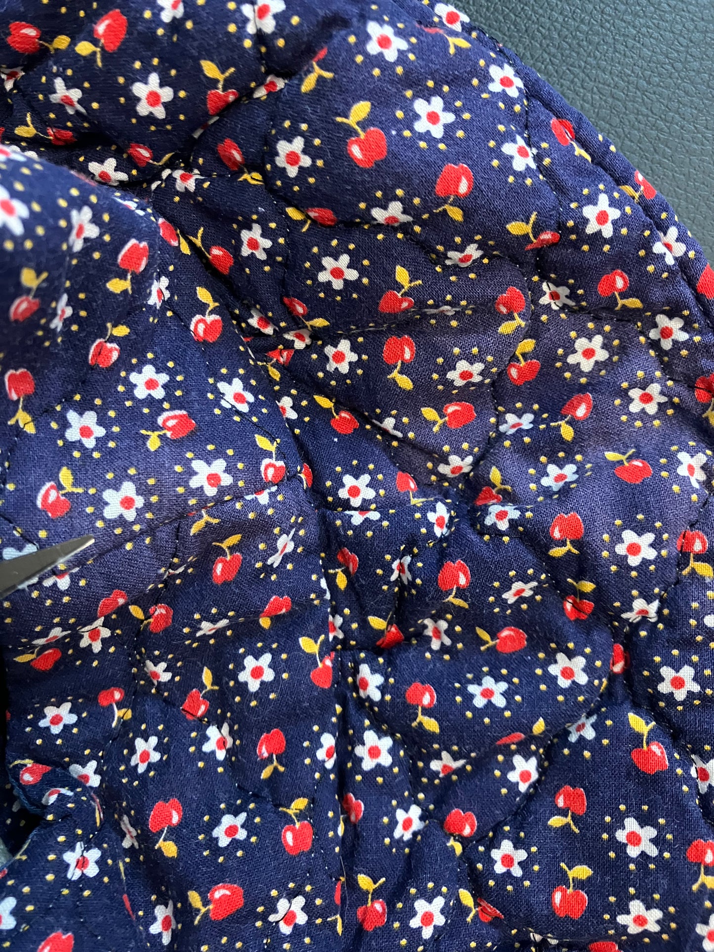 70's Vintage Handmade Blue Red White Apple Daisy Quilted Pinafore Maxi Dress