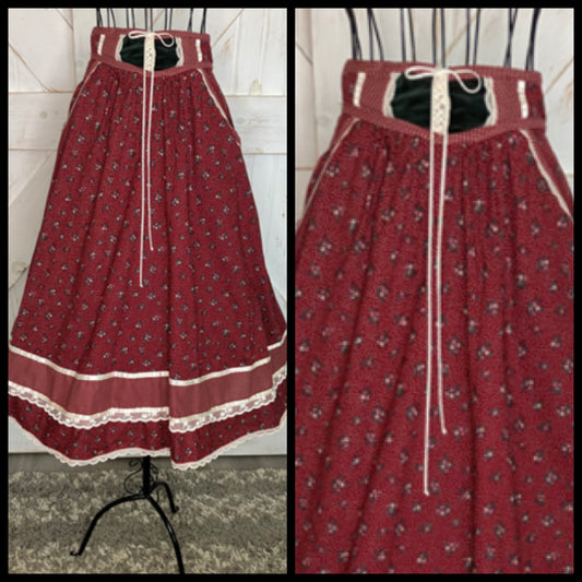 70's Vintage Gunne Sax Jessica's Gunnies Red Green Calico White Polka Dot Velvet Corset Waist Prairie Midi Skirt *ALTERED