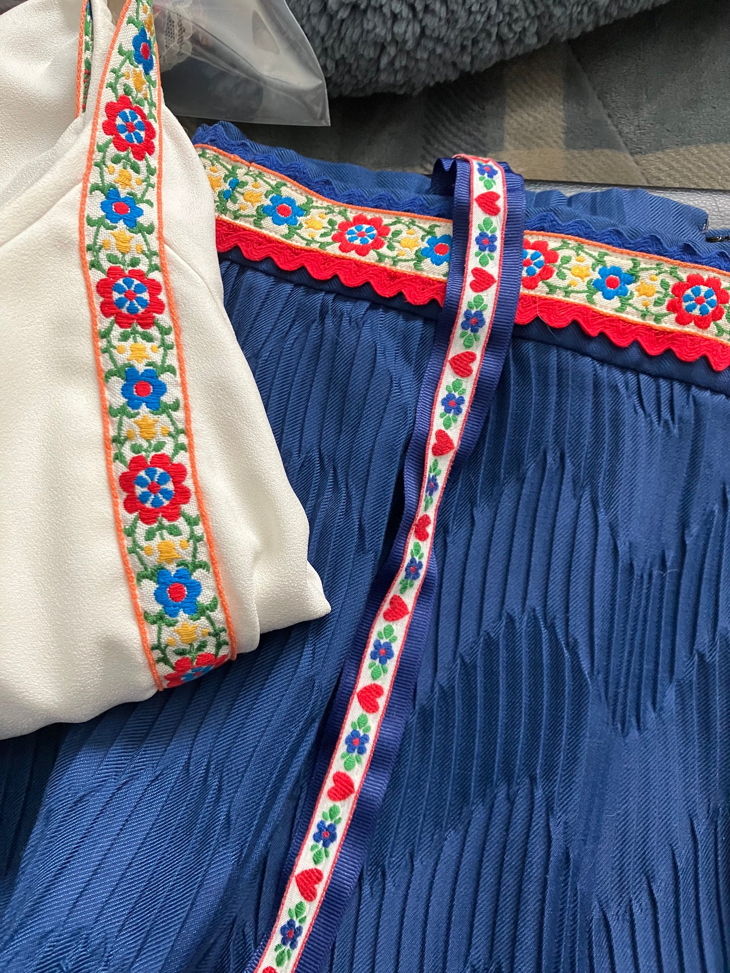 60's Vintage Cleopatra Broumand Dirndl White Red Blue Peasant Blouse Midi Skirt Set