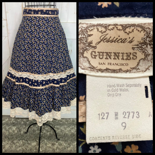 70's Vintage Gunne Sax Jessica's Gunnies Blue Yellow Gold Ivory Calico Prairie Midi Skirt 9
