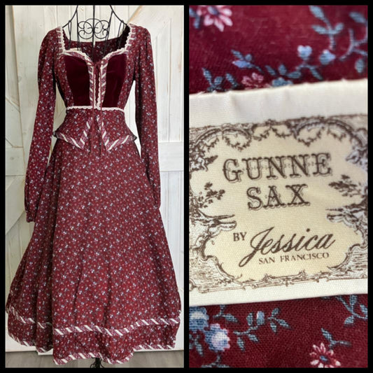 70's Vintage Gunne Sax Red Calico Peplum Velvet Corset Prairie Midi Dress *FLAWS