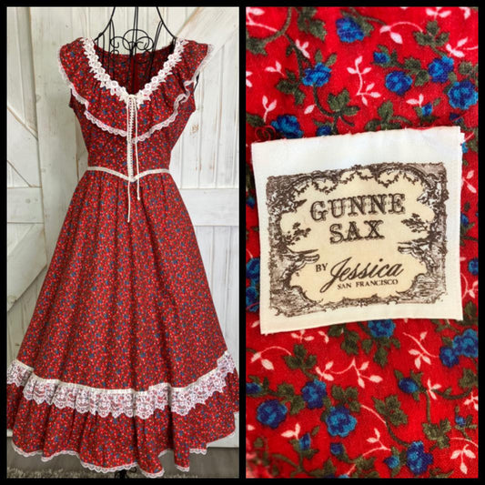 70's Vintage Gunne Sax Red Blue White Rose Calico Prairie Cowgirl Western Corset Midi Dress