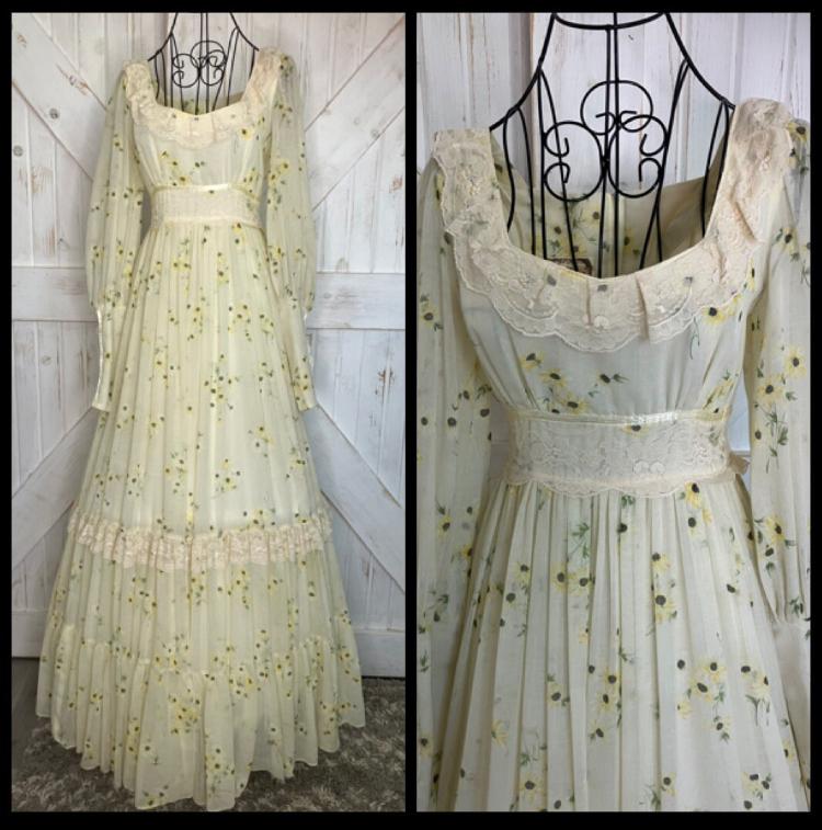 70's Vintage Gunne Sax Yellow Black Green Sunflower Calico One Eyed Susan Prairie Maxi Dress *ALTERED