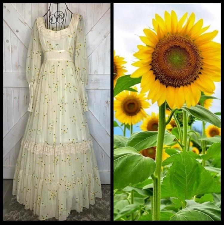 70's Vintage Gunne Sax Yellow Black Green Sunflower Calico One Eyed Susan Prairie Maxi Dress *ALTERED